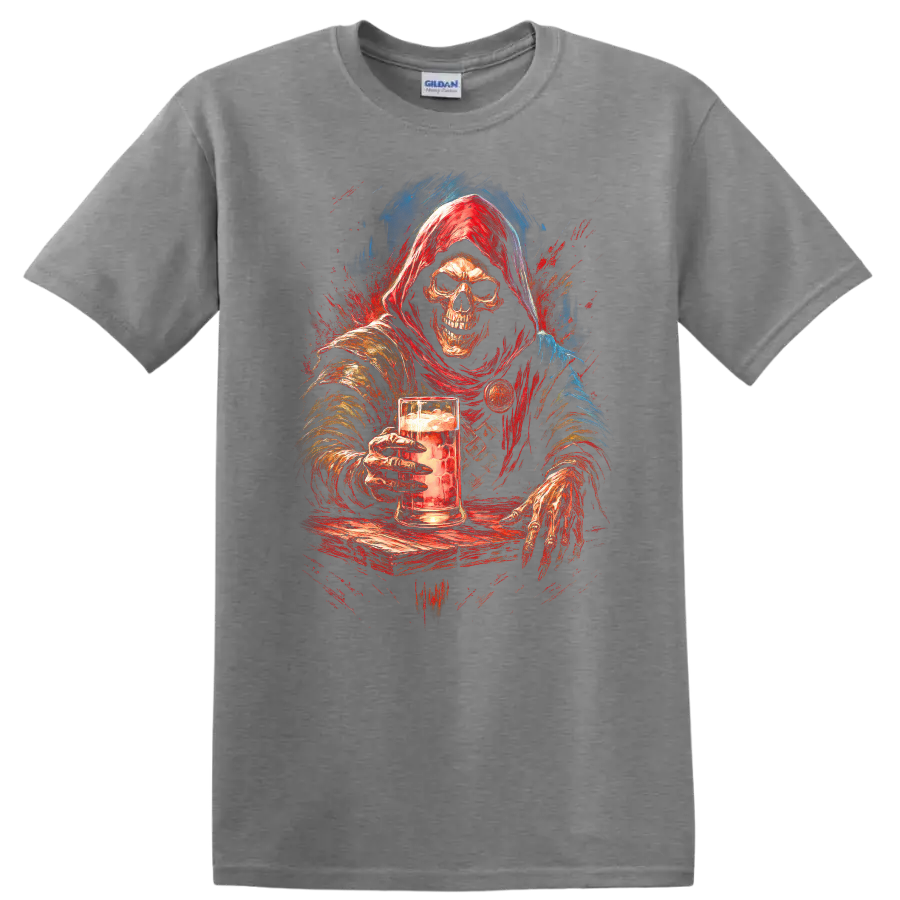Hooded skeleton holding a beer mug in distressed red and blue gothic art on a Sport Grey T Shirt
