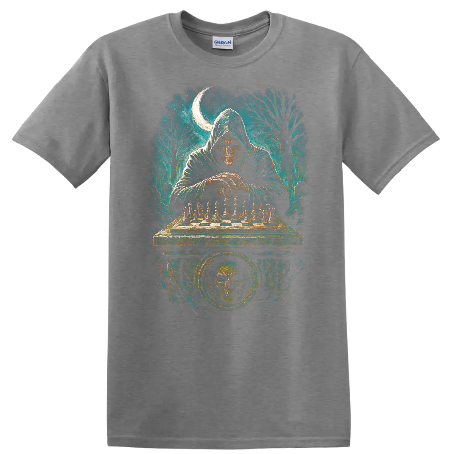 Hooded skull playing chess in a moonlit graveyard gothic illustration on a Sport Grey T Shirt