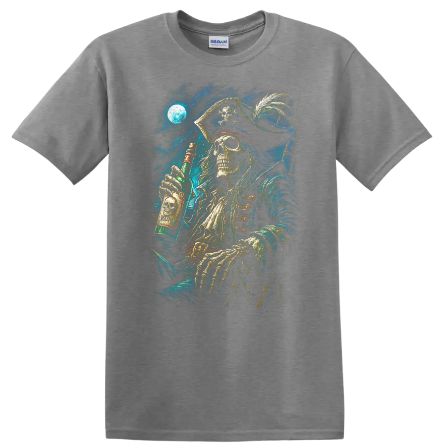 Moonlit skeletal pirate holding a rum bottle in detailed vintage gothic sea art on a Sport Grey T Shirt