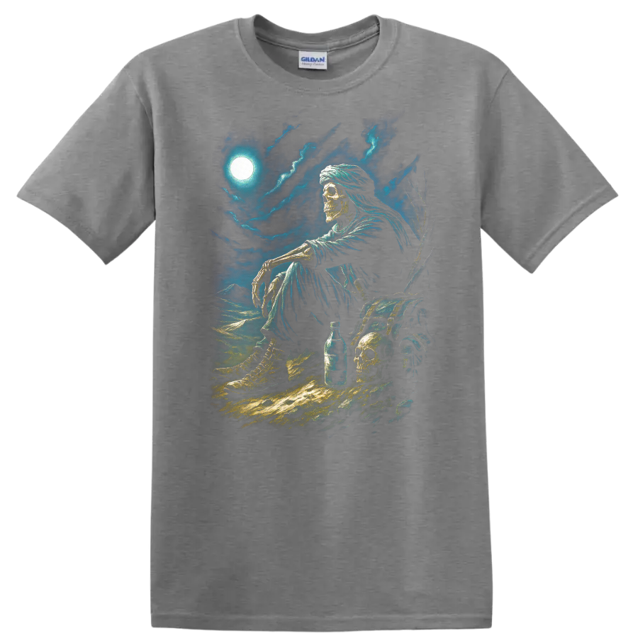 Moonlit skeleton wanderer with skulls, chest, and stormy gothic nightscape on a Sport Grey T Shirt