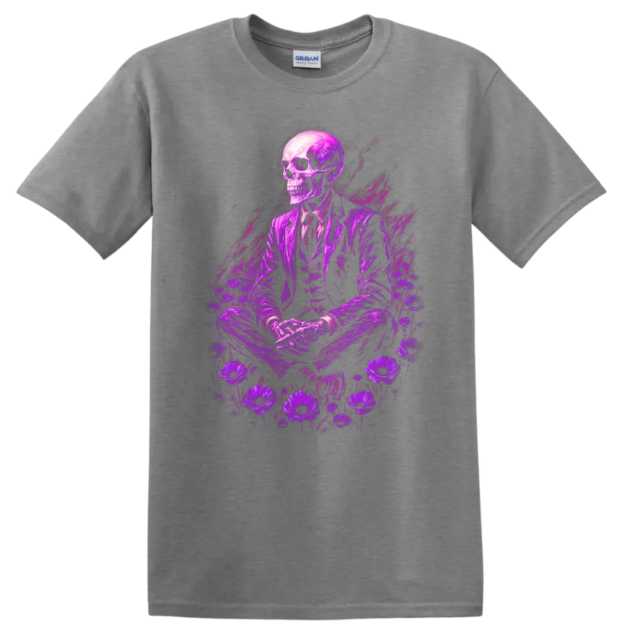 Purple skeleton in suit surrounded by flowers in vintage gothic illustration on a Sport Grey T Shirt