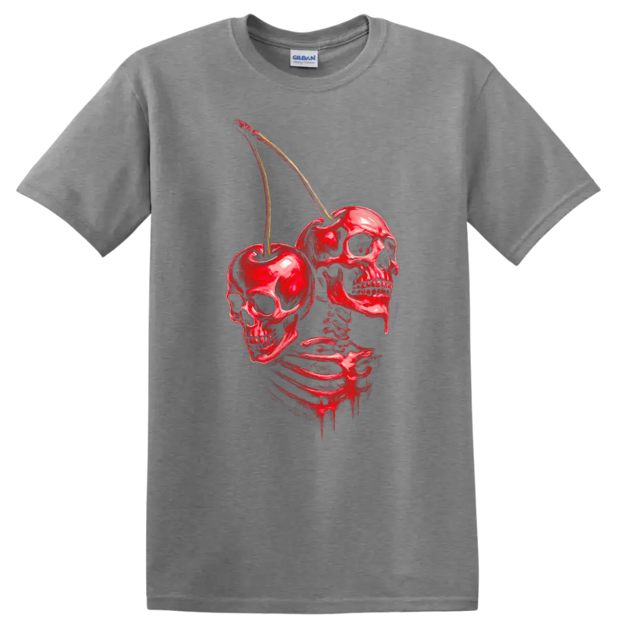 Red skeleton with skulls and cherries in a distressed vintage gothic illustration on a Sport Grey T Shirt