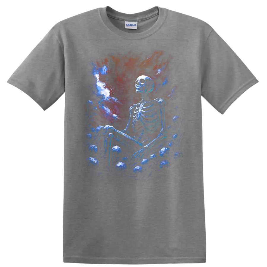 Blue skeleton seated in a dark floral garden beneath a dramatic gothic painted sky on a Sport Grey T Shirt