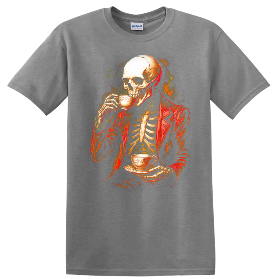 Vintage gothic skeleton in a red jacket drinking tea with a fiery dark backdrop on a Sport Grey T Shirt
