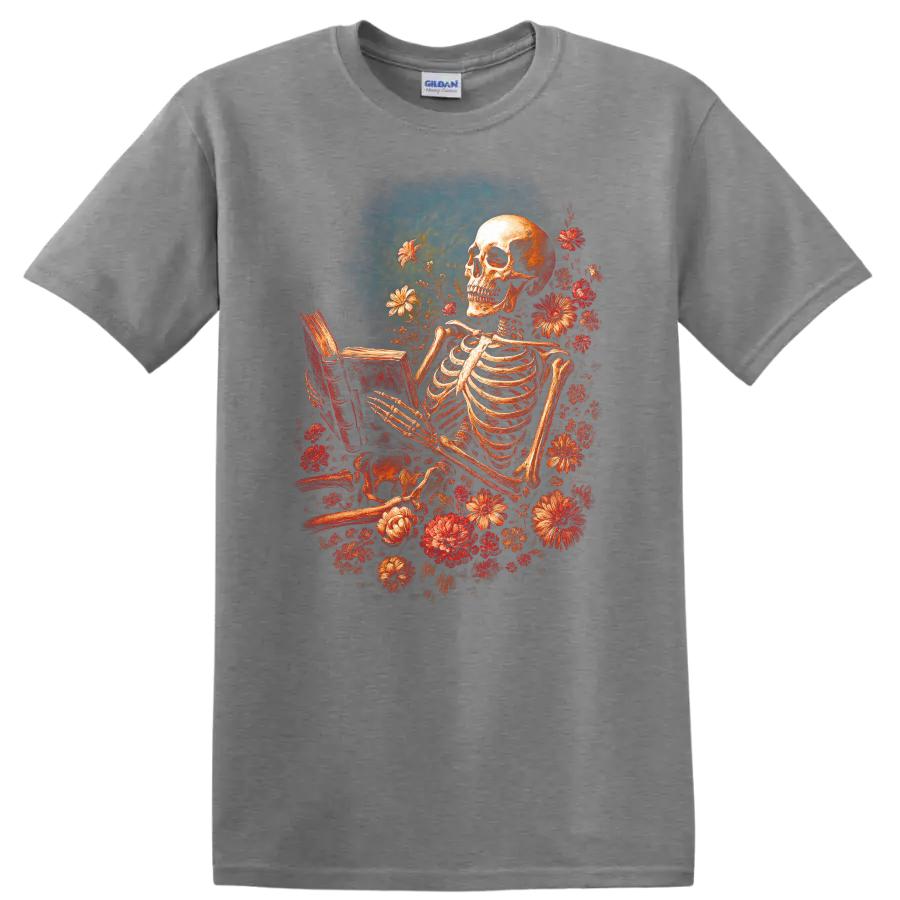 Vintage gothic skeleton reading a book surrounded by red flowers on a Sport Grey T Shirt