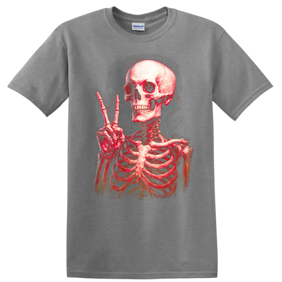 Vintage red skeleton skull making a peace sign in smoky gothic illustration style on a Sport Grey T Shirt