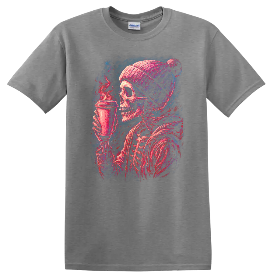 Vintage gothic skeleton in a beanie holding a steaming coffee cup on a Sport Grey T Shirt