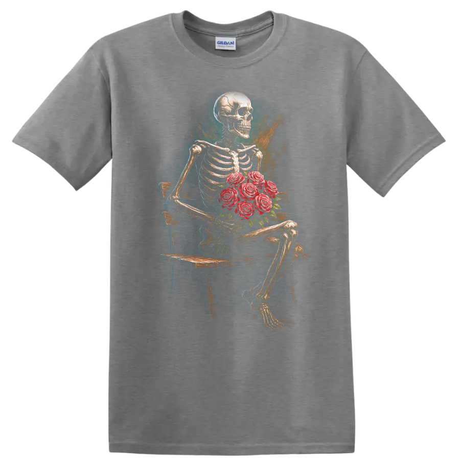Vintage gothic skeleton holding red roses on a bench in distressed floral art on a Sport Grey T Shirt