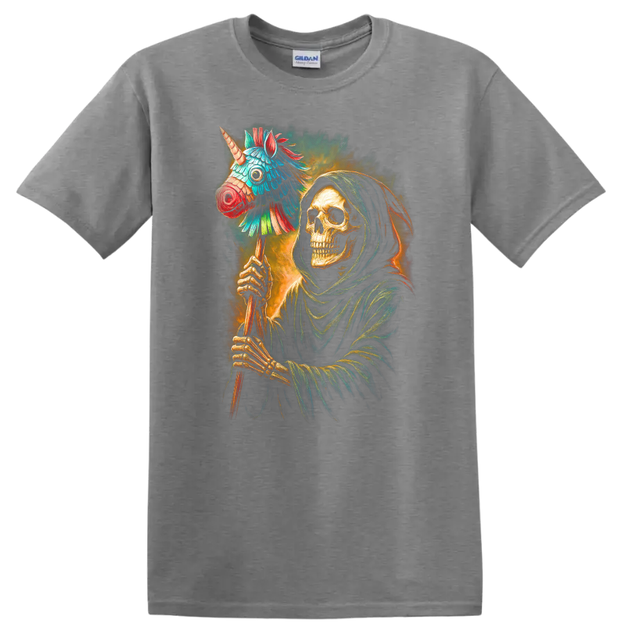 Hooded skeleton holding a colorful unicorn piñata in a vivid gothic illustration on a Sport Grey T Shirt