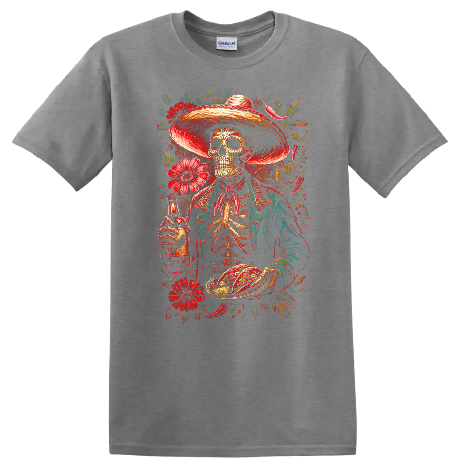 Vintage gothic skeleton in sombrero with tacos, bottle, and red flowers on a Sport Grey T Shirt