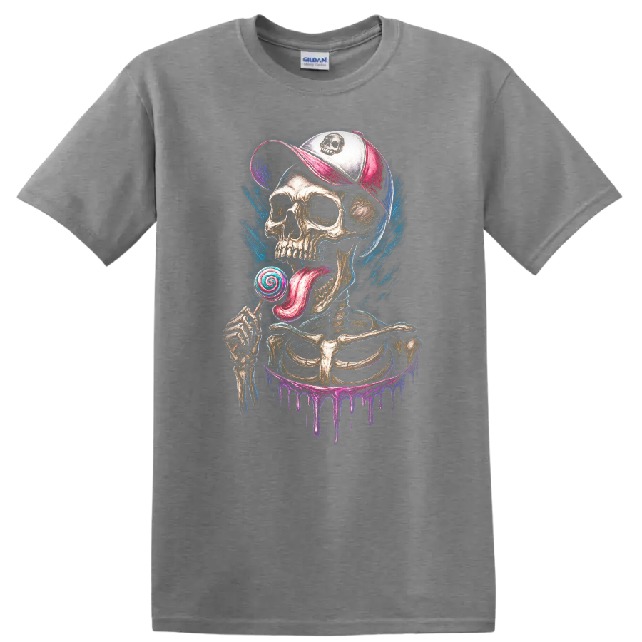 Gothic skeleton skull in cap licking a spiral lollipop with colorful paint drips on a Sport Grey T Shirt
