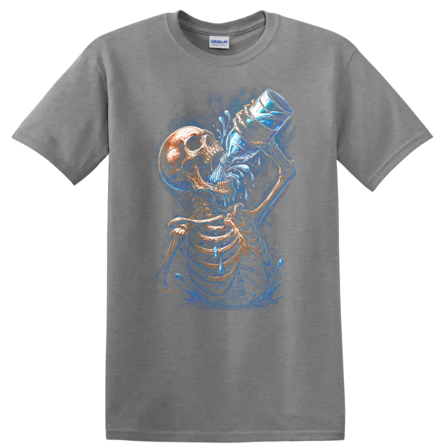 Vintage gothic skeleton drinking water with vivid blue splashes and skull art on a Sport Grey T Shirt
