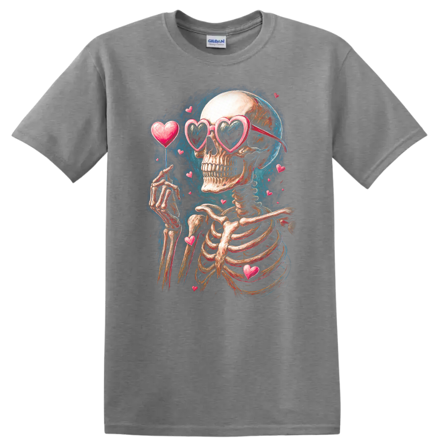 Vintage gothic skeleton in heart sunglasses surrounded by floating hearts on a Sport Grey T Shirt