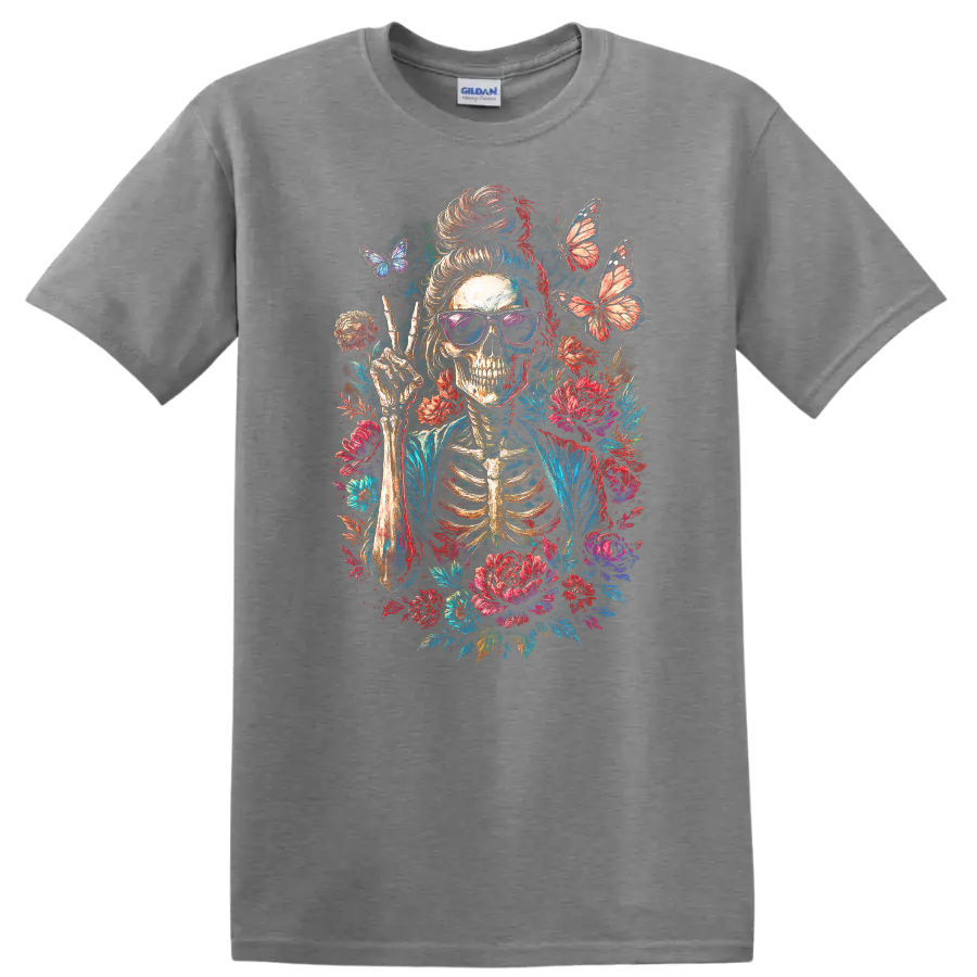 Vintage skeleton in sunglasses making a peace sign with flowers and butterflies on a Sport Grey T Shirt