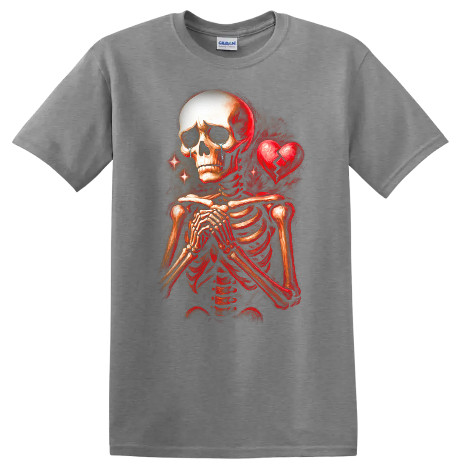 Crying skeleton with clasped hands and cracked heart in vintage gothic art on a Sport Grey T Shirt