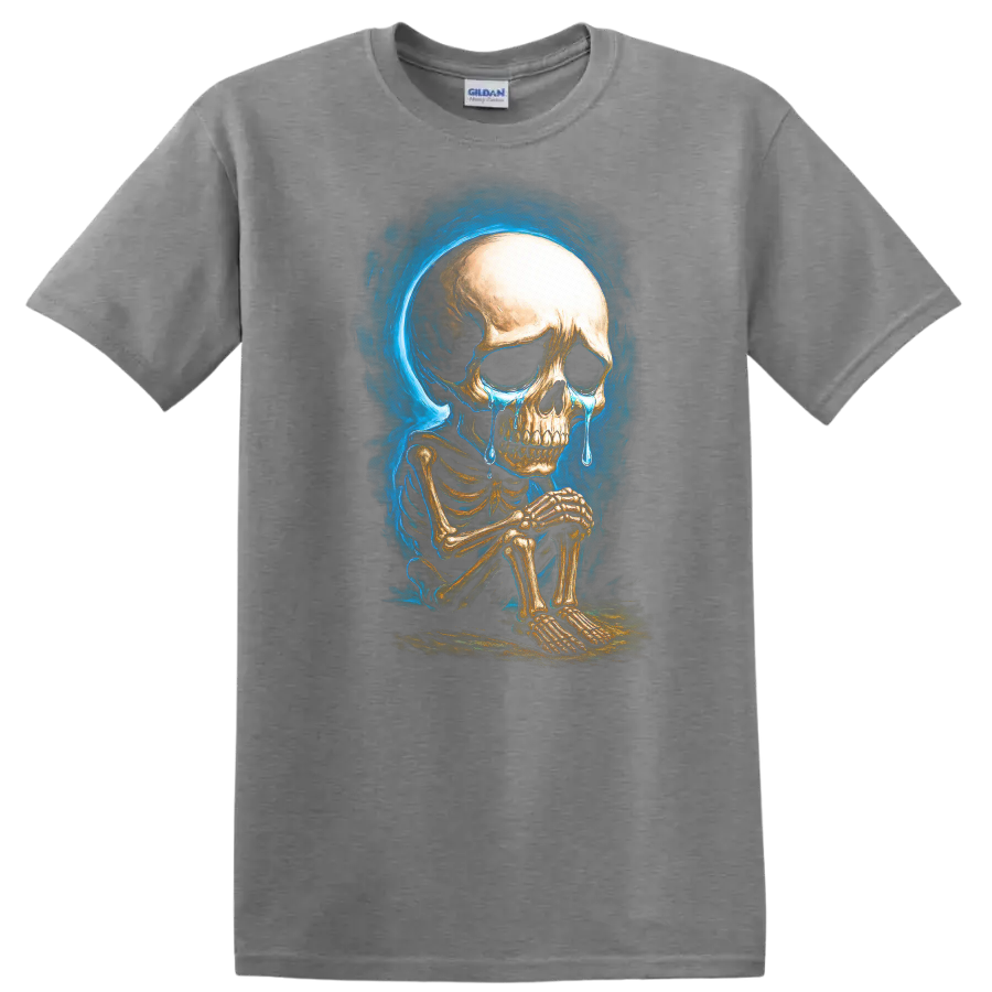 Crying seated skeleton with blue tears and smoky gothic skull artwork on a Sport Grey T Shirt