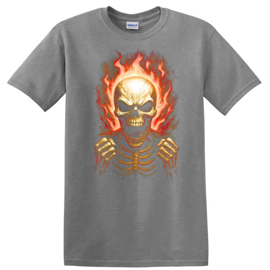 Vintage gothic flaming skeleton skull with rib cage and clenched hands on a Sport Grey T Shirt