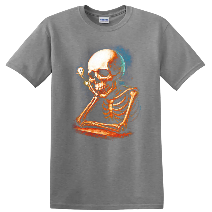 Contemplative skeleton with a tiny ghost in vintage Gothic illustration on a Sport Grey T Shirt