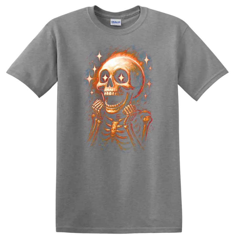 Vintage gothic grinning skeleton skull with sparkling star eyes and radiant stars on a Sport Grey T Shirt