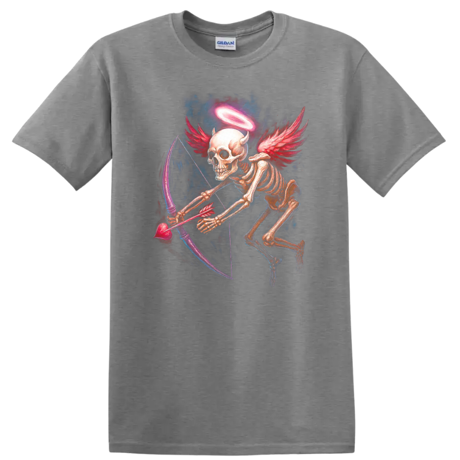 Winged skeleton archer with halo, red wings, and heart-shaped bow in gothic art on a Sport Grey T Shirt