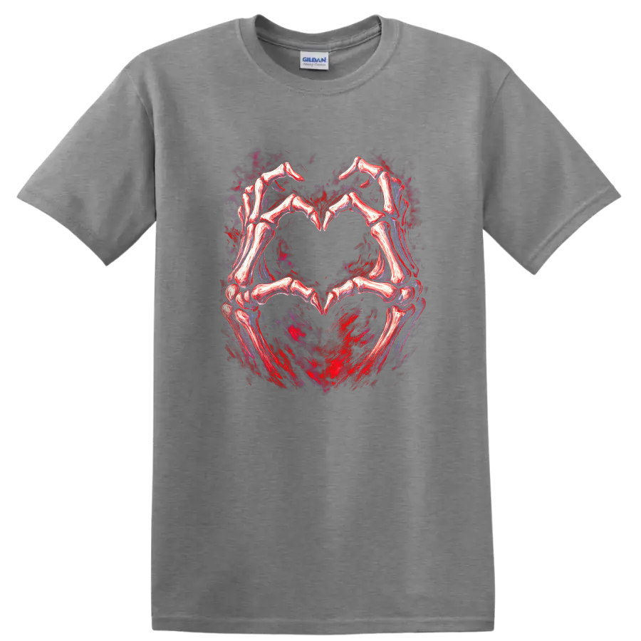 Skeletal hands forming a heart in distressed red and black gothic art on a Sport Grey T Shirt