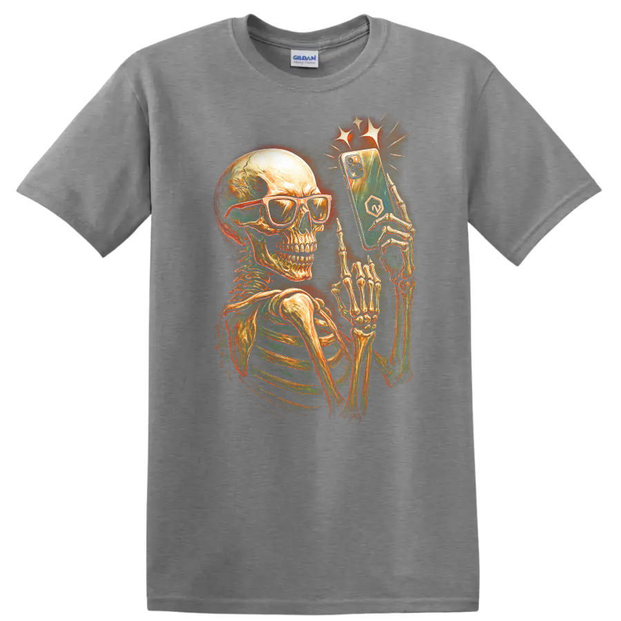 Vintage skeleton in sunglasses holding a smartphone gothic graphic print on a Sport Grey T Shirt
