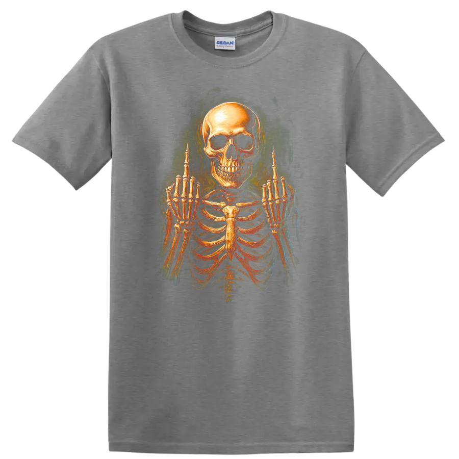 Vintage gothic skeleton skull and rib cage graphic with raised middle-finger hands on a Sport Grey T Shirt