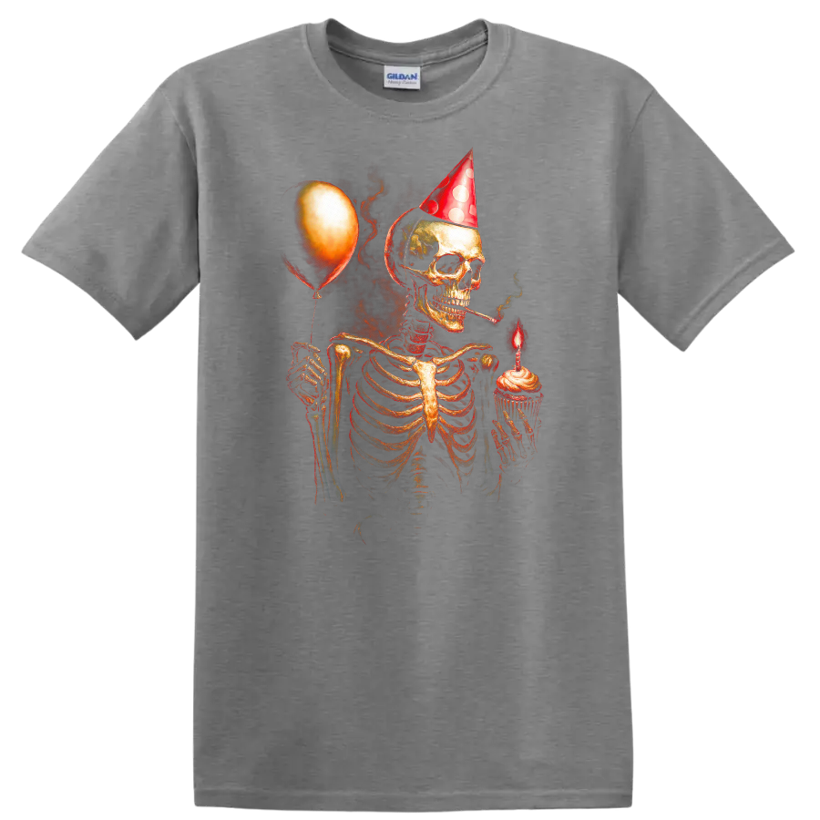 Vintage gothic skeleton in party hat holding a cupcake candle and balloon on a Sport Grey T Shirt