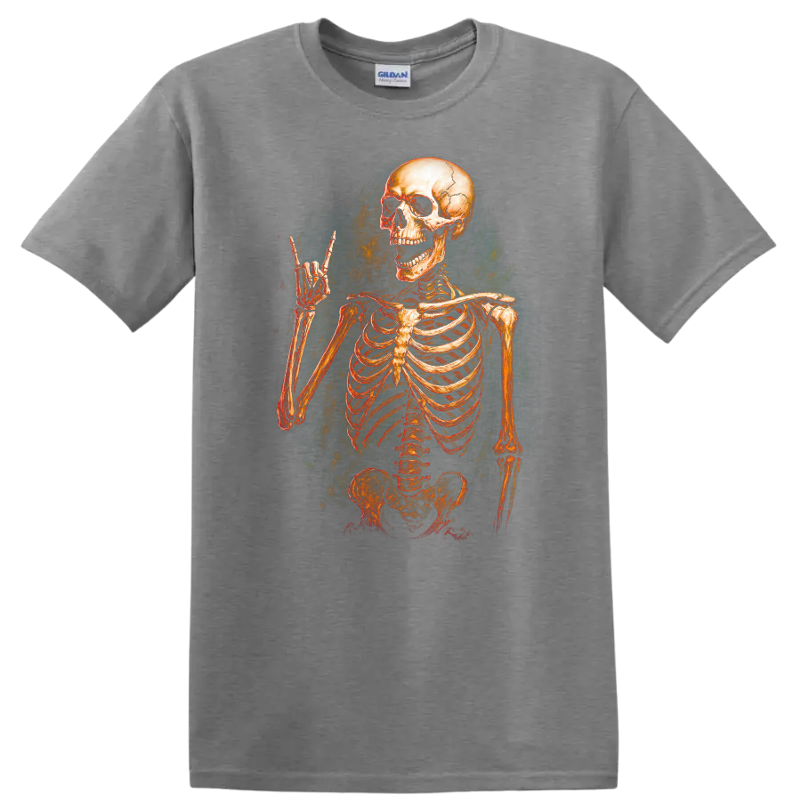 Vintage grinning skeleton raising a horn hand in distressed gothic illustration on a Sport Grey T Shirt