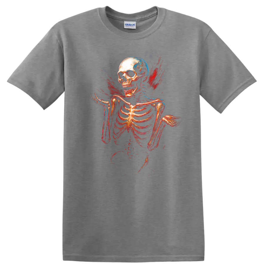 Vintage skull and skeleton graphic with red and blue gothic splatter on a Sport Grey T Shirt