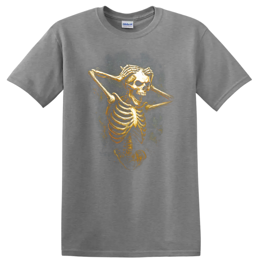 Vintage gothic skeleton skull illustration with hands framing its face on a Sport Grey T Shirt