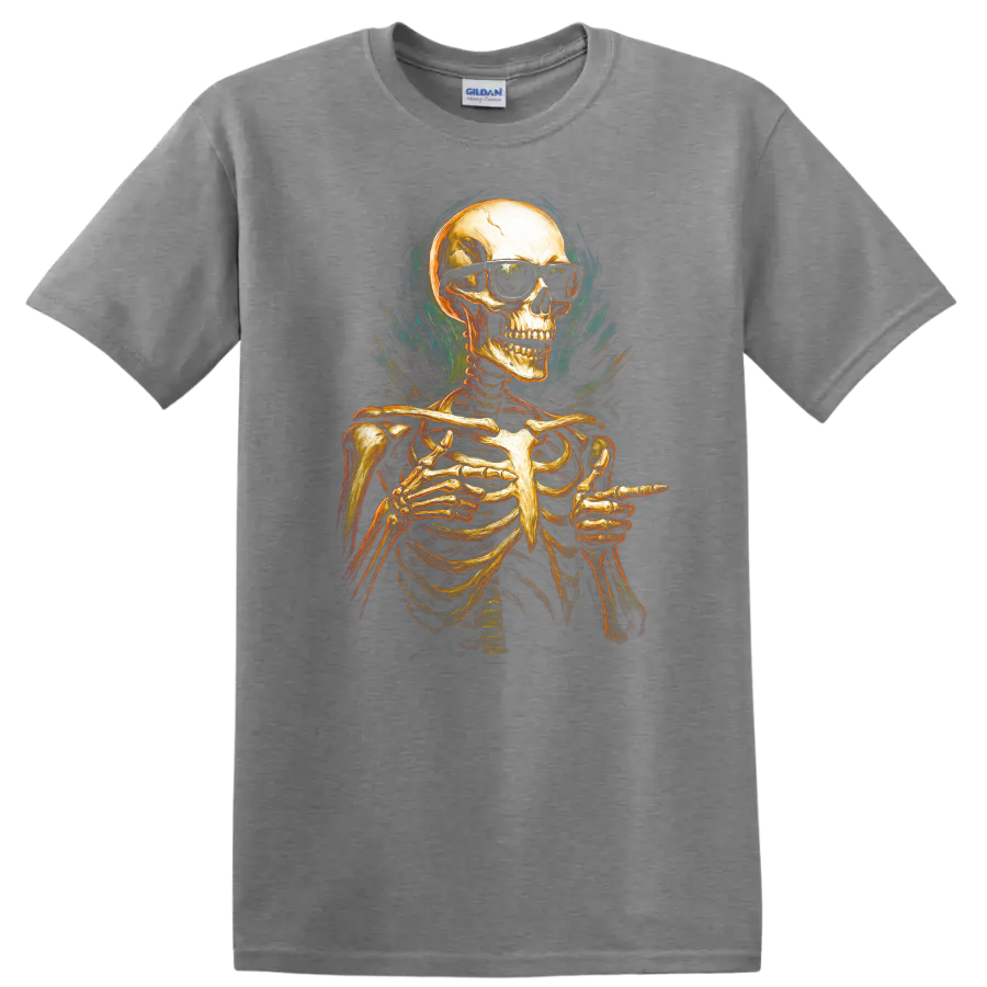 Vintage gothic skeleton in sunglasses pointing, with smoky teal flame-like artwork on a Sport Grey T Shirt