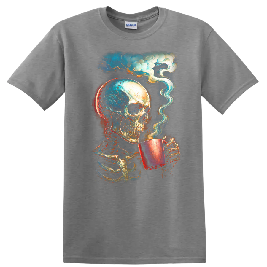 Vintage gothic skeleton skull holding a steaming cup beneath swirling clouds on a Sport Grey T Shirt