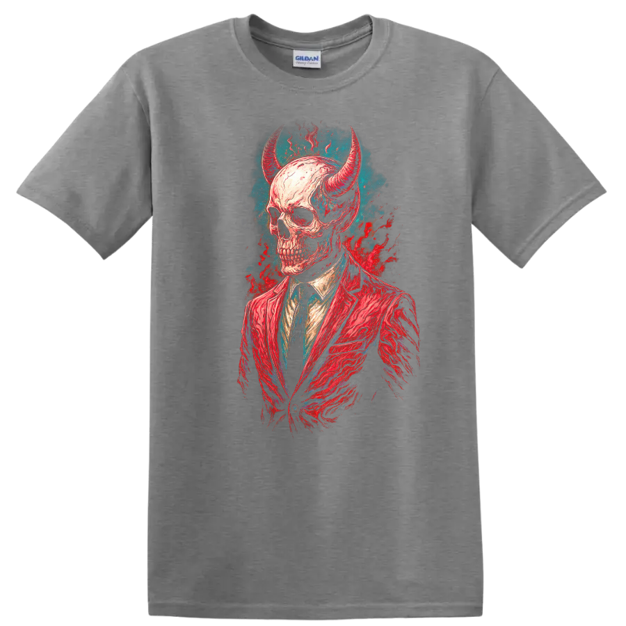 Horned skull in red suit, vintage gothic illustration with teal and red splashes on a Sport Grey T Shirt