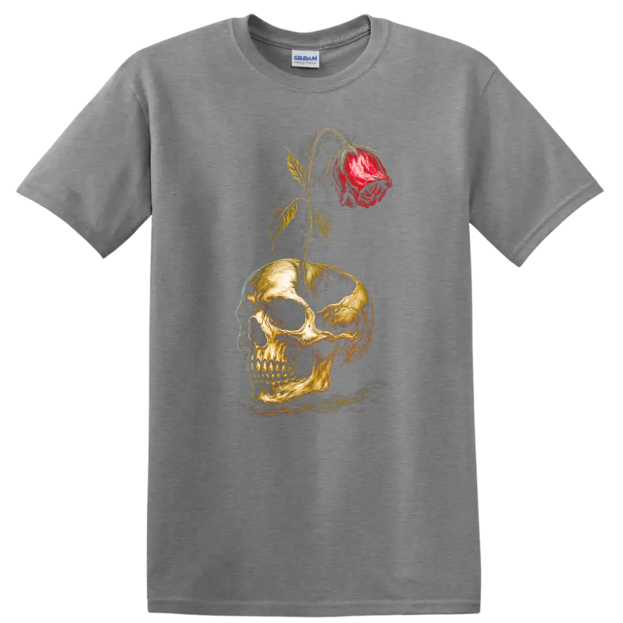 Vintage gothic skull graphic with a red rose growing through the top on a Sport Grey T Shirt