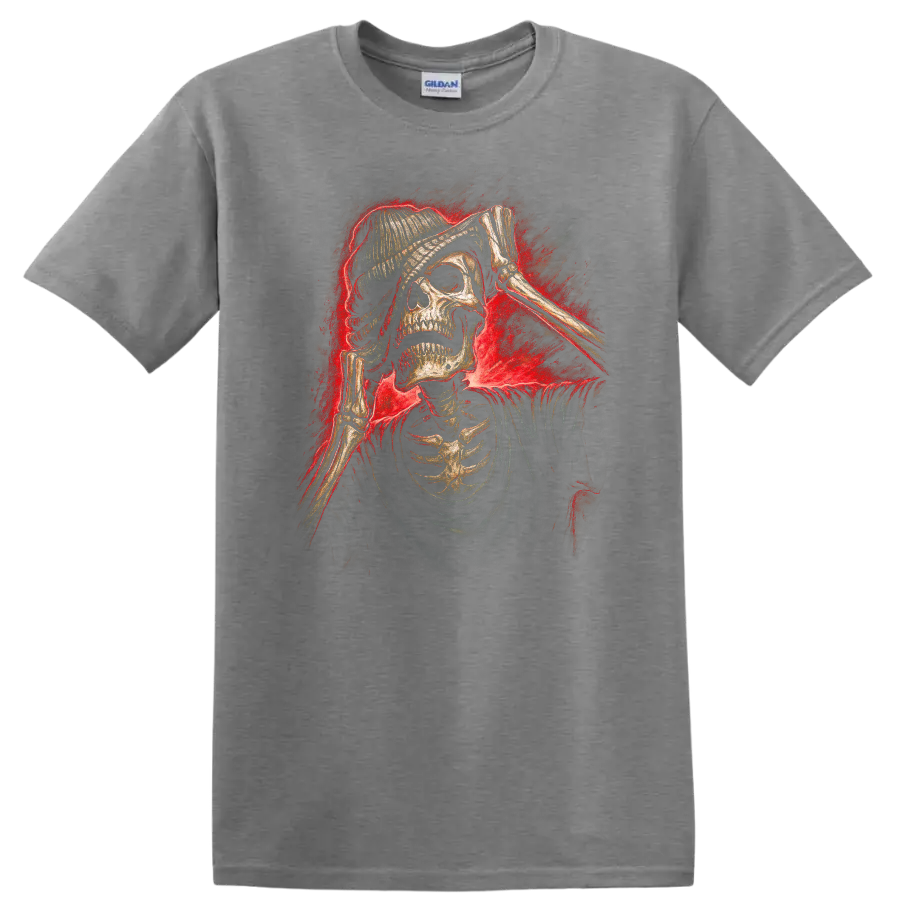 Vintage gothic skeleton skull in beanie with bony hands and red smoky glow on a Sport Grey T Shirt