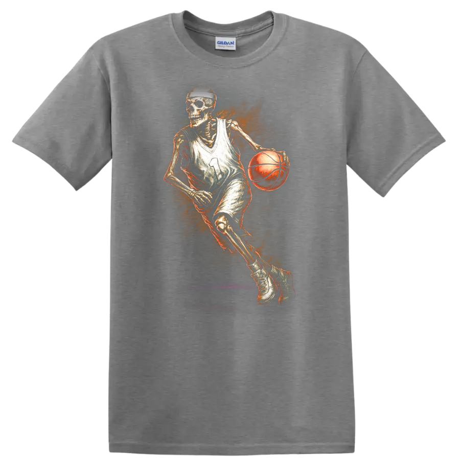 Vintage gothic skeleton basketball player dribbling with fiery orange artwork on a Sport Grey T Shirt