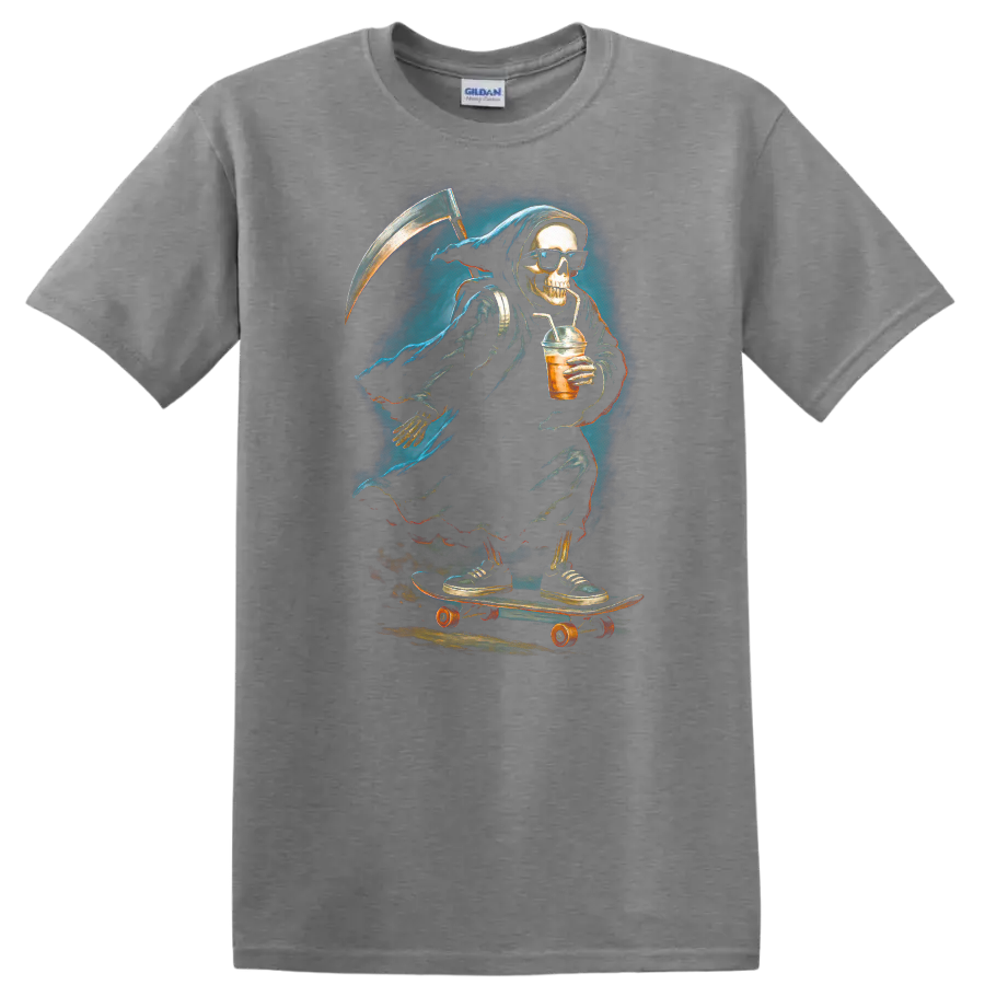 Vintage gothic Grim Reaper skeleton in sunglasses skating with a scythe and iced drink on a Sport Grey T Shirt