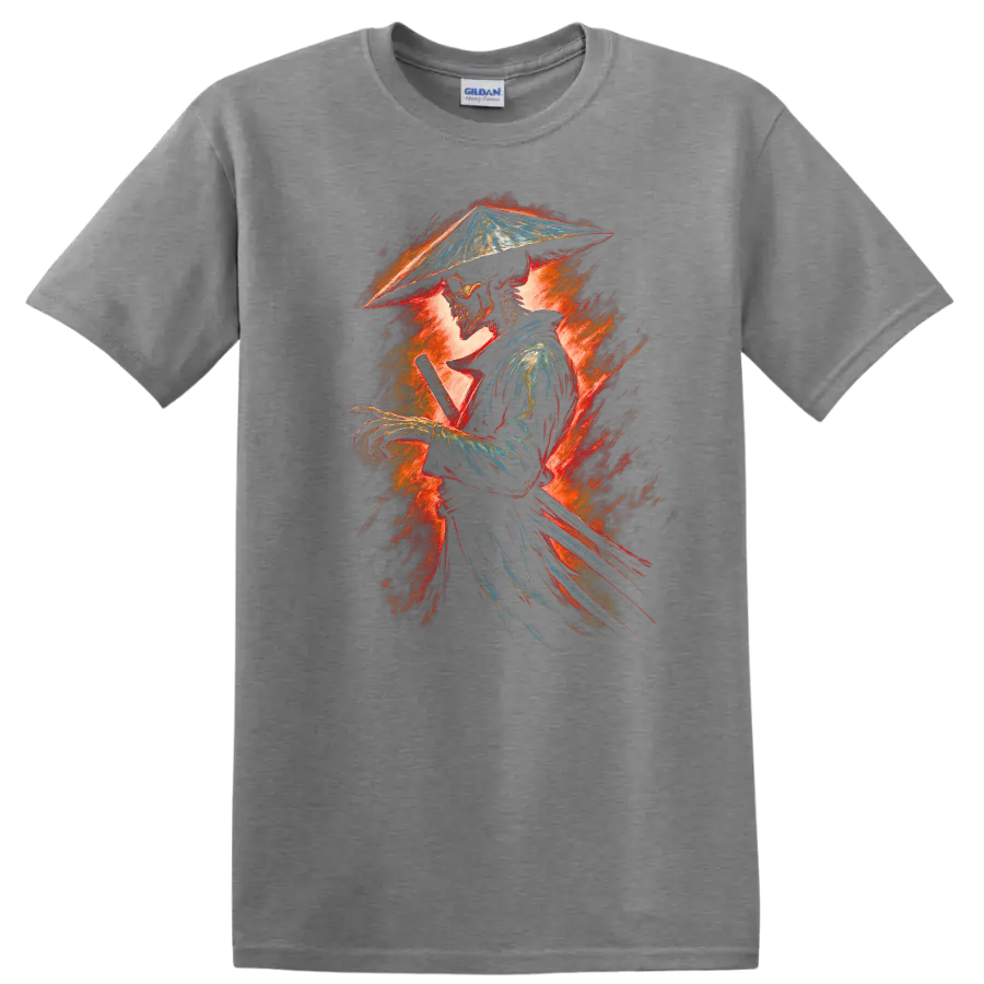 Fiery vintage-style skeleton samurai swordsman graphic in a conical hat on a Sport Grey T Shirt