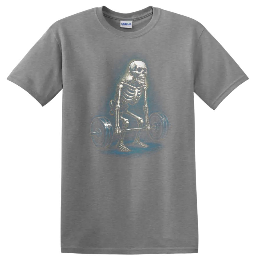Vintage gothic skeleton performing a barbell deadlift graphic on a Sport Grey T Shirt