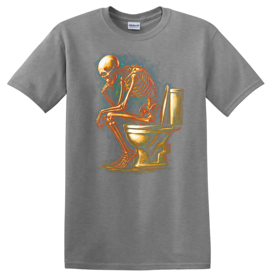 Vintage gothic skeleton sitting on a toilet in detailed dark humor artwork on a Sport Grey T Shirt