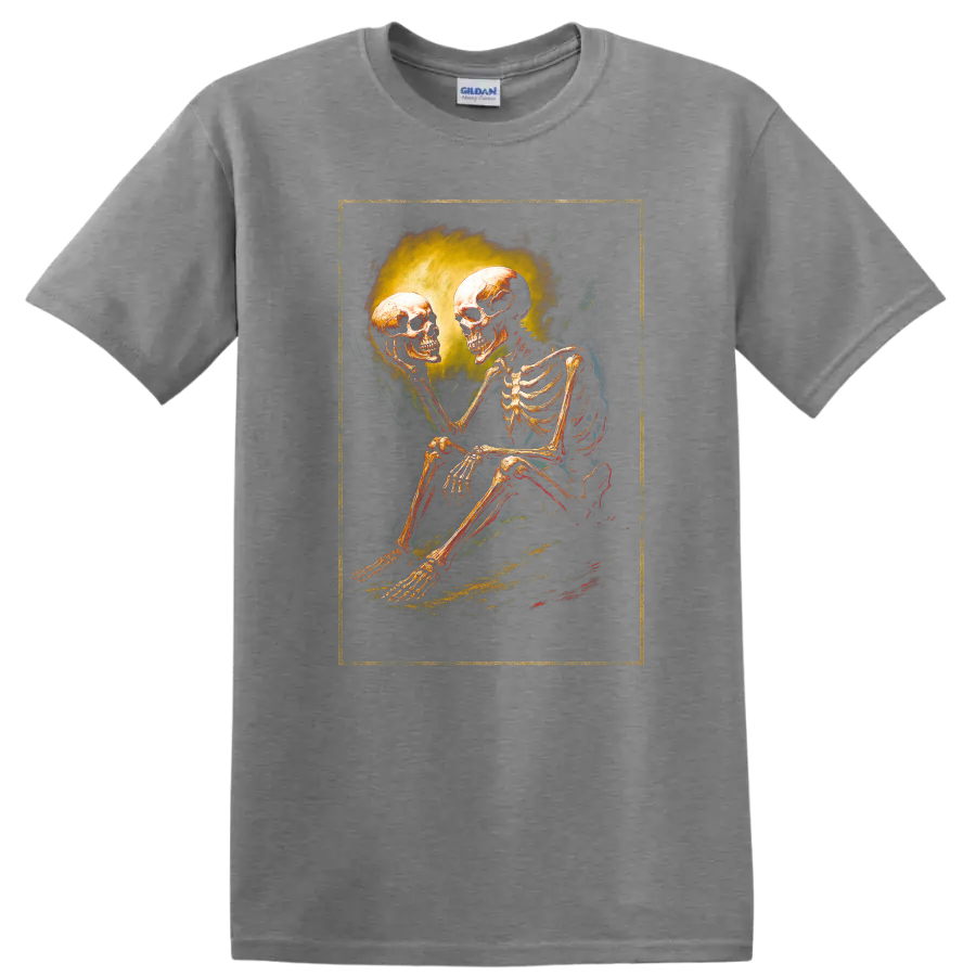 Vintage gothic skeleton holding a skull in a moody dark art illustration on a Sport Grey T Shirt