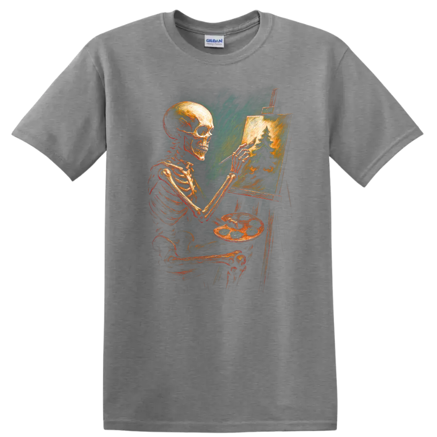 Vintage gothic skeleton artist painting an evergreen forest on an easel on a Sport Grey T Shirt