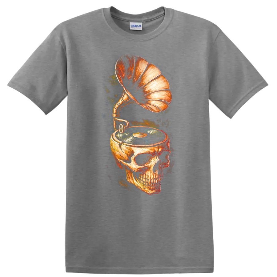Vintage skull gramophone and turntable graphic with vinyl record on a Sport Grey T Shirt