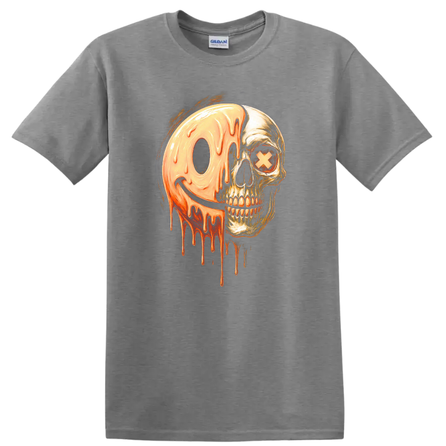 Vintage gothic skull with a melting orange smiley face and X eye graphic on a Sport Grey T Shirt