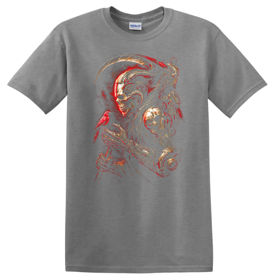 Mechanical skeleton reaper with skull armor, red bird, and fiery gothic art on a Sport Grey T Shirt
