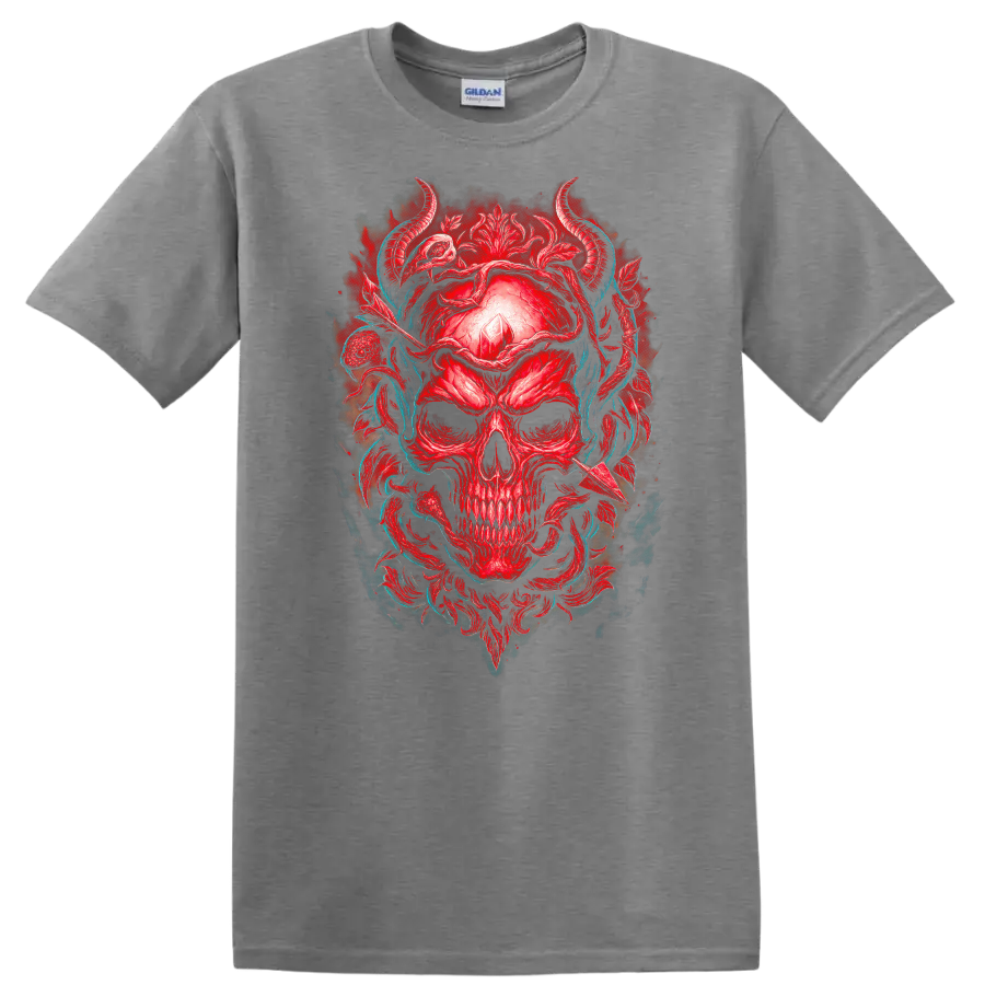 Red horned skull with crystal, gothic floral ornament, and teal vines on a Sport Grey T Shirt