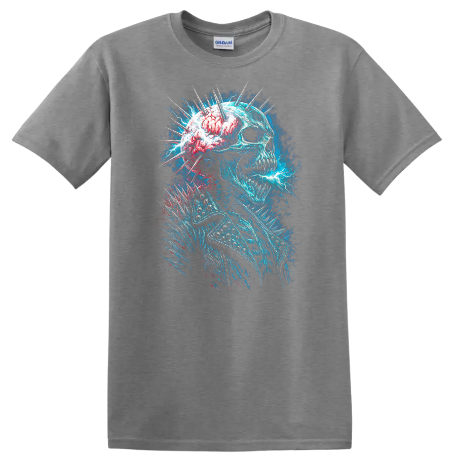 Electric blue skull with exposed brain, spikes, and gothic horror energy art on a Sport Grey T Shirt