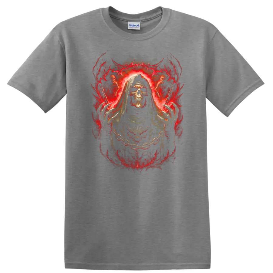 Hooded skull Grim Reaper in fiery red gothic horror artwork on a Sport Grey T Shirt