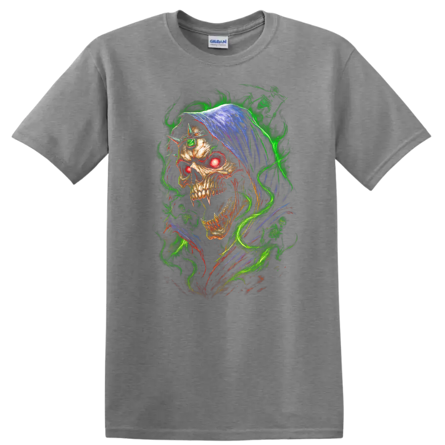 Hooded skull with glowing red eye and neon green flames in gothic horror art on a Sport Grey T Shirt